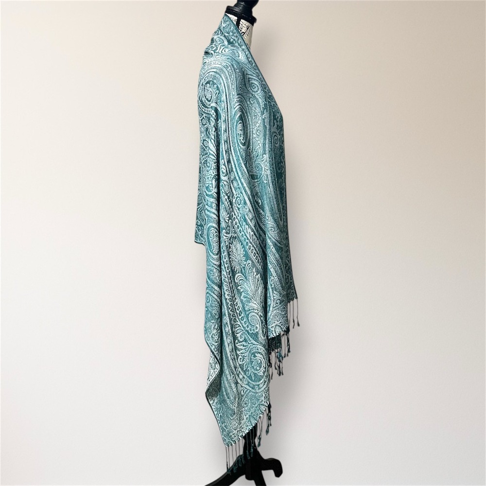 Pashmina Silk Teal Thread Paisley Shawl Wrap Scarf Fringe Boho Travel - Picture 4 of 11